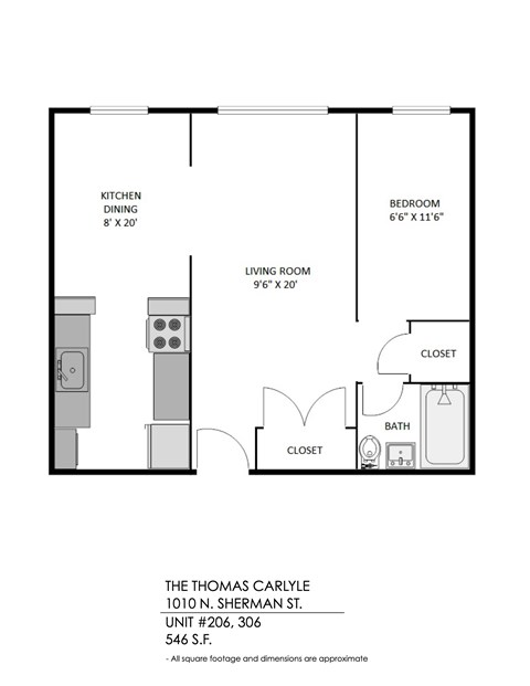 Floor plan for studio, 1 bath, 546 sqft